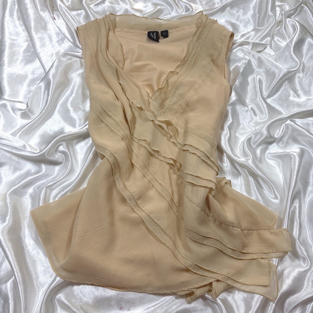 y2k Milano Blouse Beige Excellent Ruffle Layered V-Neck Sleeveless Top XL
